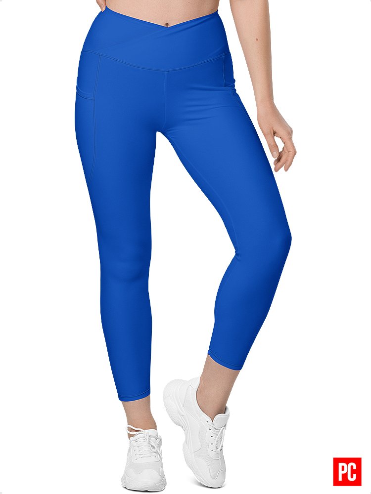 Plain Color Absolute Blue Crossover Leggings with Pockets product image (1)
