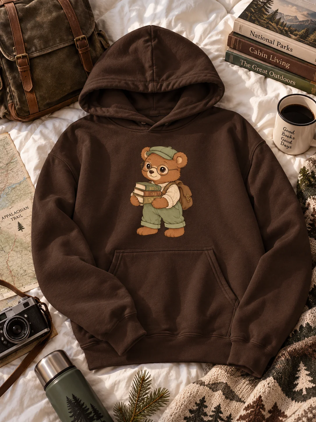 Women’s Cute Teddy Bear Bookworm Hoodie | Cozy College & Back to School Sweatshirt product image (3)