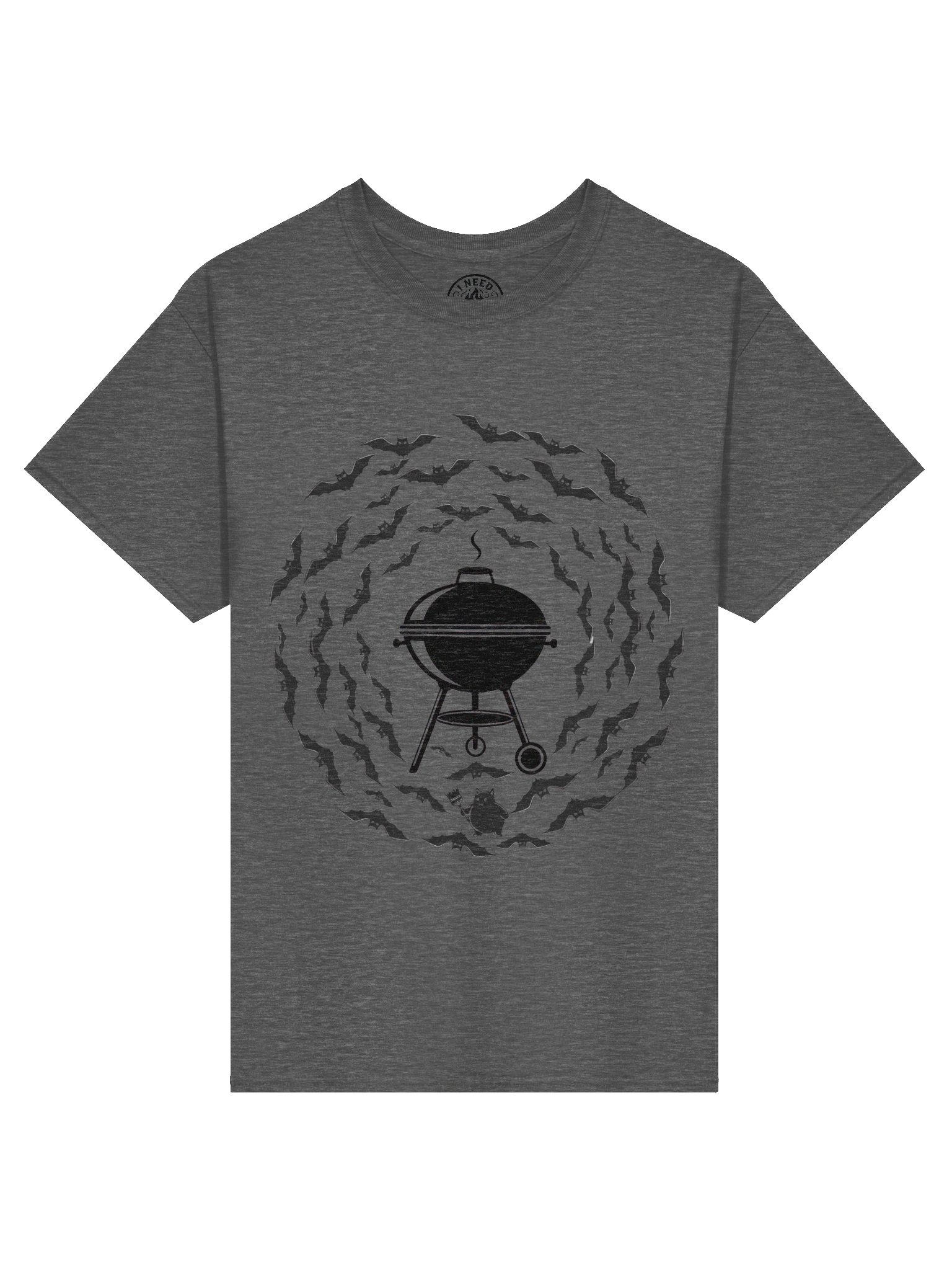 Bat Swarm Kettle Spiral tee: cartoon bats circling a kettle grill in a smoke spiral