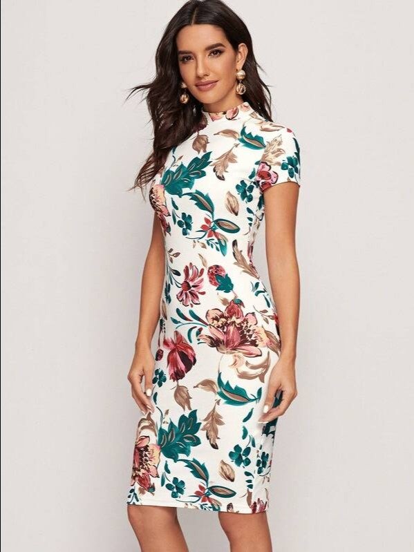 ADLEST Clasi Floral Print Mock Neck Bodycon Dress,Summer Dresses For Women product image (2)
