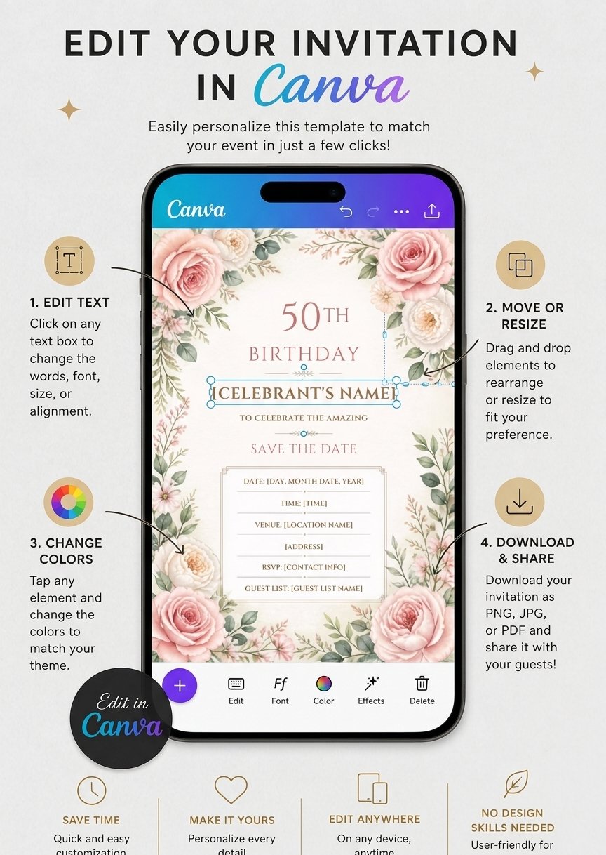 Floral 50th Birthday Invitation Template, Editable Milestone Invite, Printable Garden Party, Canva Instant Download Digital product image (4)