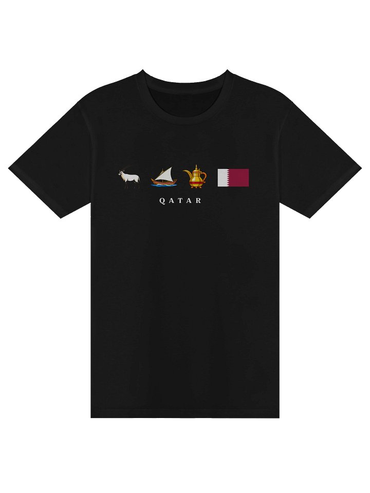 Qatar Heritage Black T-Shirt | White Antelope, Curved Vessel & Sailing Craft Graphic on Premium Cotton product image (1)