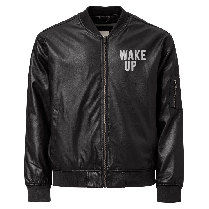 “Wake Up” embroidered Threadfast Apparel faux leather bomber jacket – dark rock outerwear from Seven Shades of Nothing product image (1)