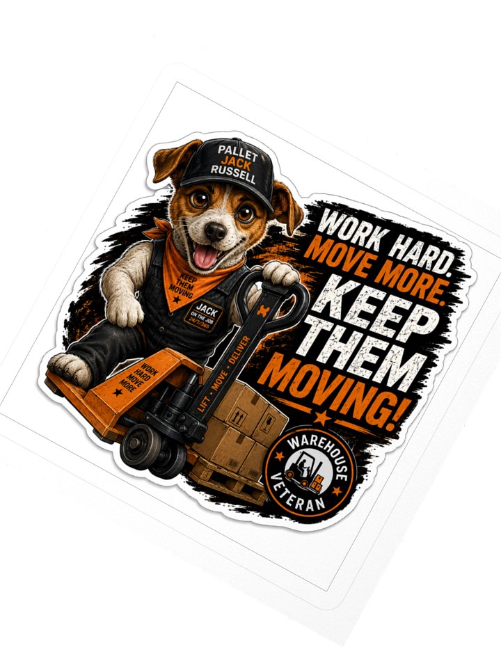 Pallet Jack Russell "Work Hard. Move More. Keep Them Moving." 3" x 3" Sticker product image (3)
