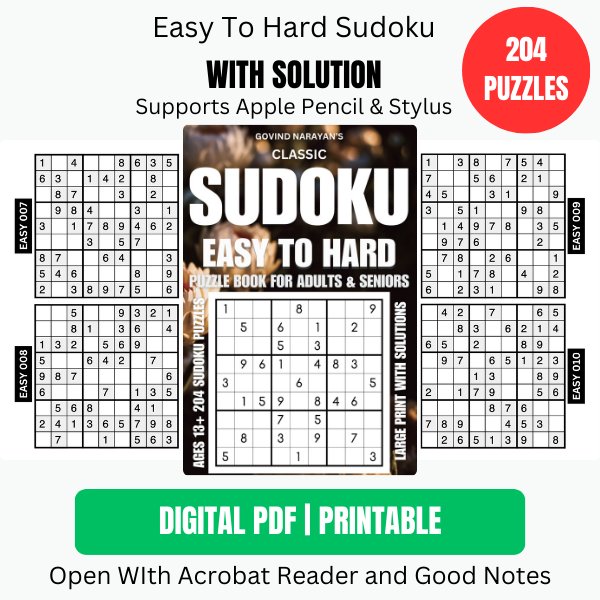 204 Classic Sudoku Easy to Hard Puzzle | Ebook | Printable product image (1)