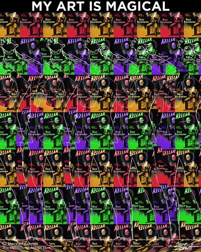 My Art is Magical. I design stereogram illusions. Unfocus your eyes to see the 3D image. Keep Kellar in your mind.