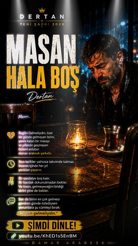 Bugün gelmeliydin…
Masan hâlâ boş. Ben hâlâ aynı yerdeyim. 🖤

🎧 Şimdi dinle:
https://youtu.be/KhED1s5EnBM

#Dertan #BugünGelm...