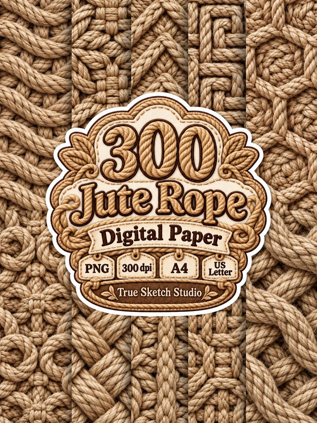 Jute Rope Digital Paper Bundle, Beige Brown Woven Textures, Rustic Scrapbook Backgrounds, Braided Motifs, Printable Junk Journal Craft Pages product image (1)