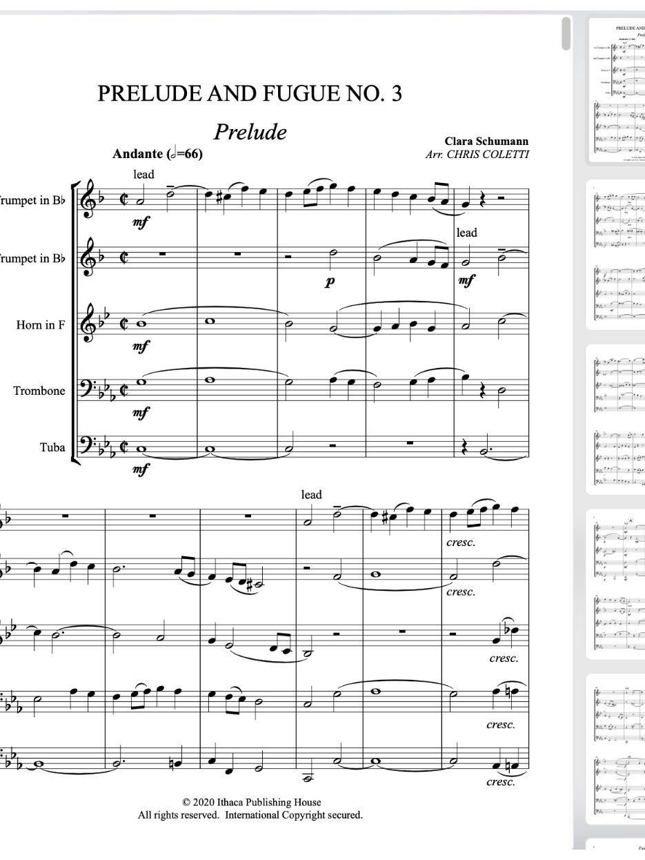 Clara Schumann: Prelude and Fugue No. 3 (Brass Quintet Arr. Chris Coletti product image (1)