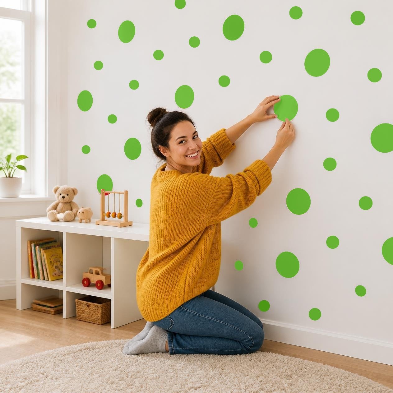 Lime Green Polka Dot Wall Decals, 2" and 4" Vinyl Circle Stickers, Removable Dot Decals for Nursery, Kids Room, Playroom product image (2)