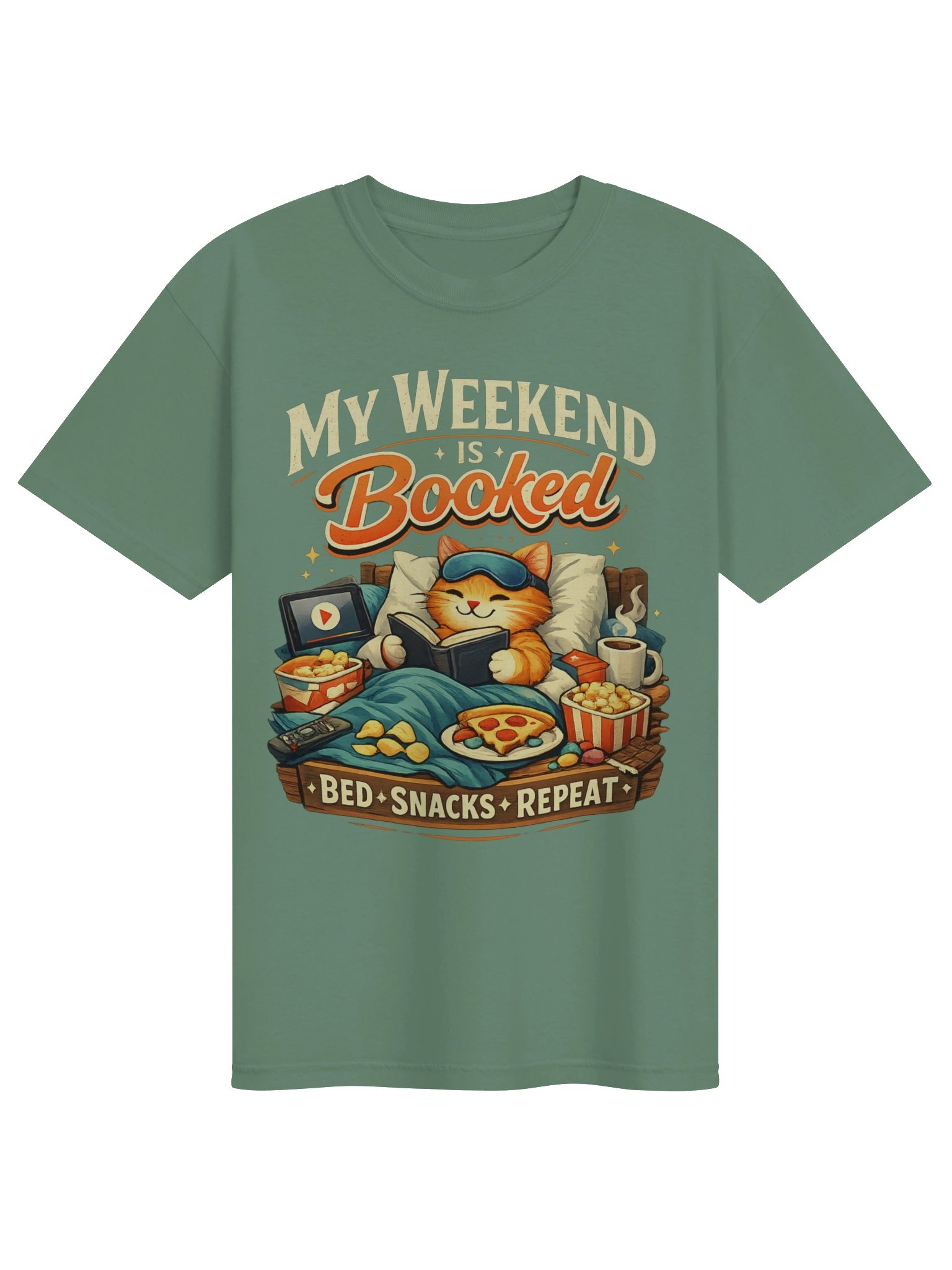 Funny Lazy Weekend T-Shirt – Bed Snacks Repeat Shirt for Introverts and Relaxing product image (1)