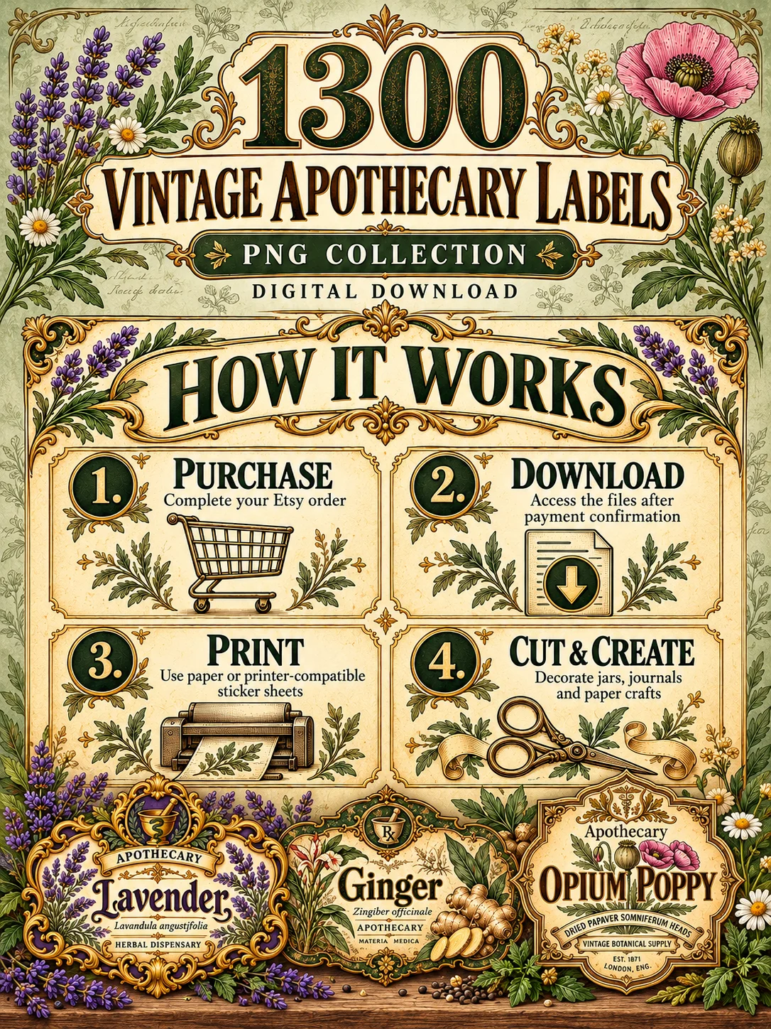 1300 Vintage Botanical Apothecary Labels, Printable Herb Jar PNG Bundle, Victorian Pharmacy Clipart, Junk Journal Ephemera Designs product image (3)