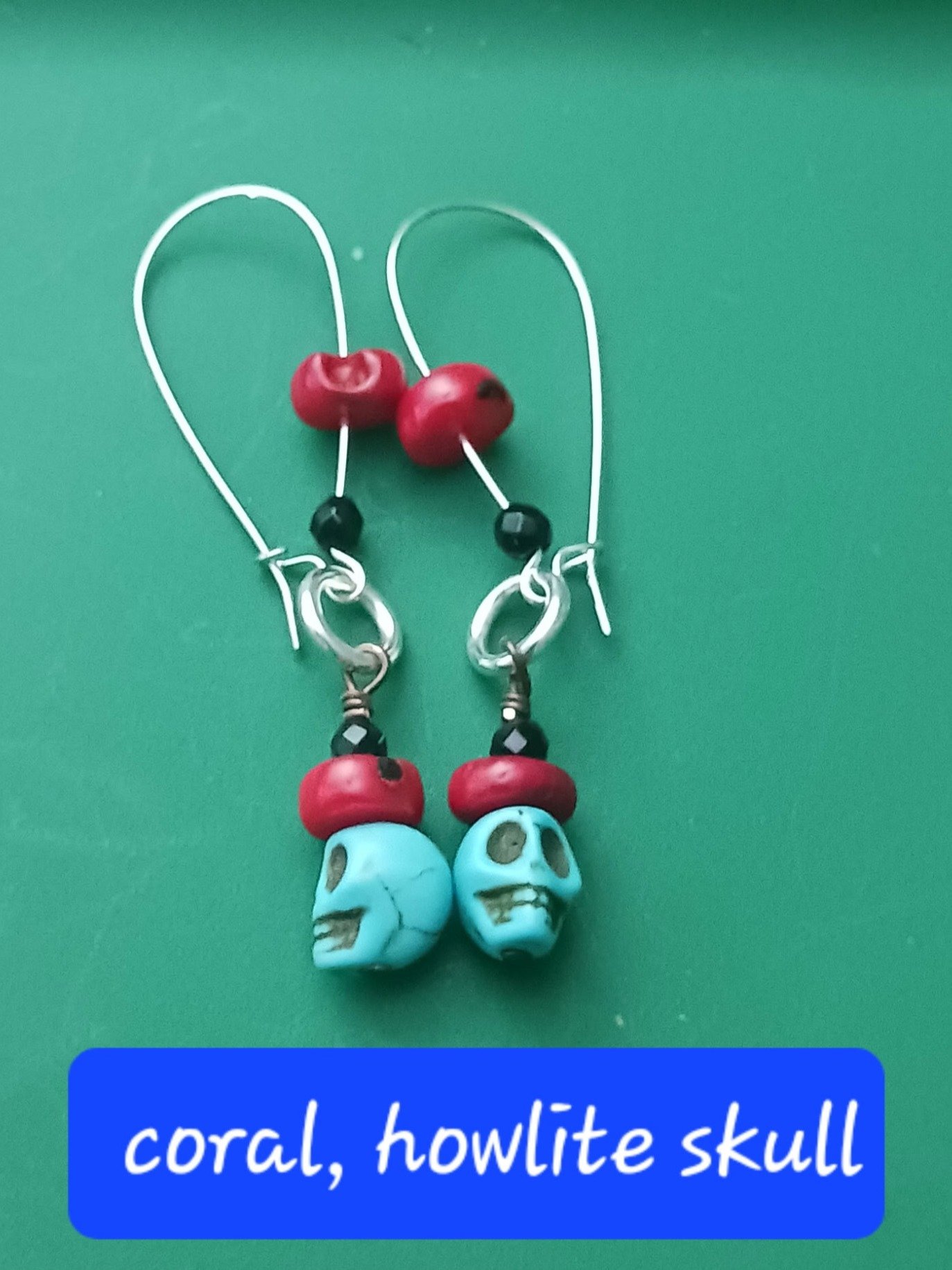 Coral Howlite Skull Earrings - Handmade Gemstone Jewelry product image (2)