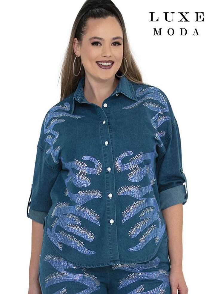 Jeweled Motif Denim Top & Wide-Leg Pant Set - 2pc Refined Suit product image (2)