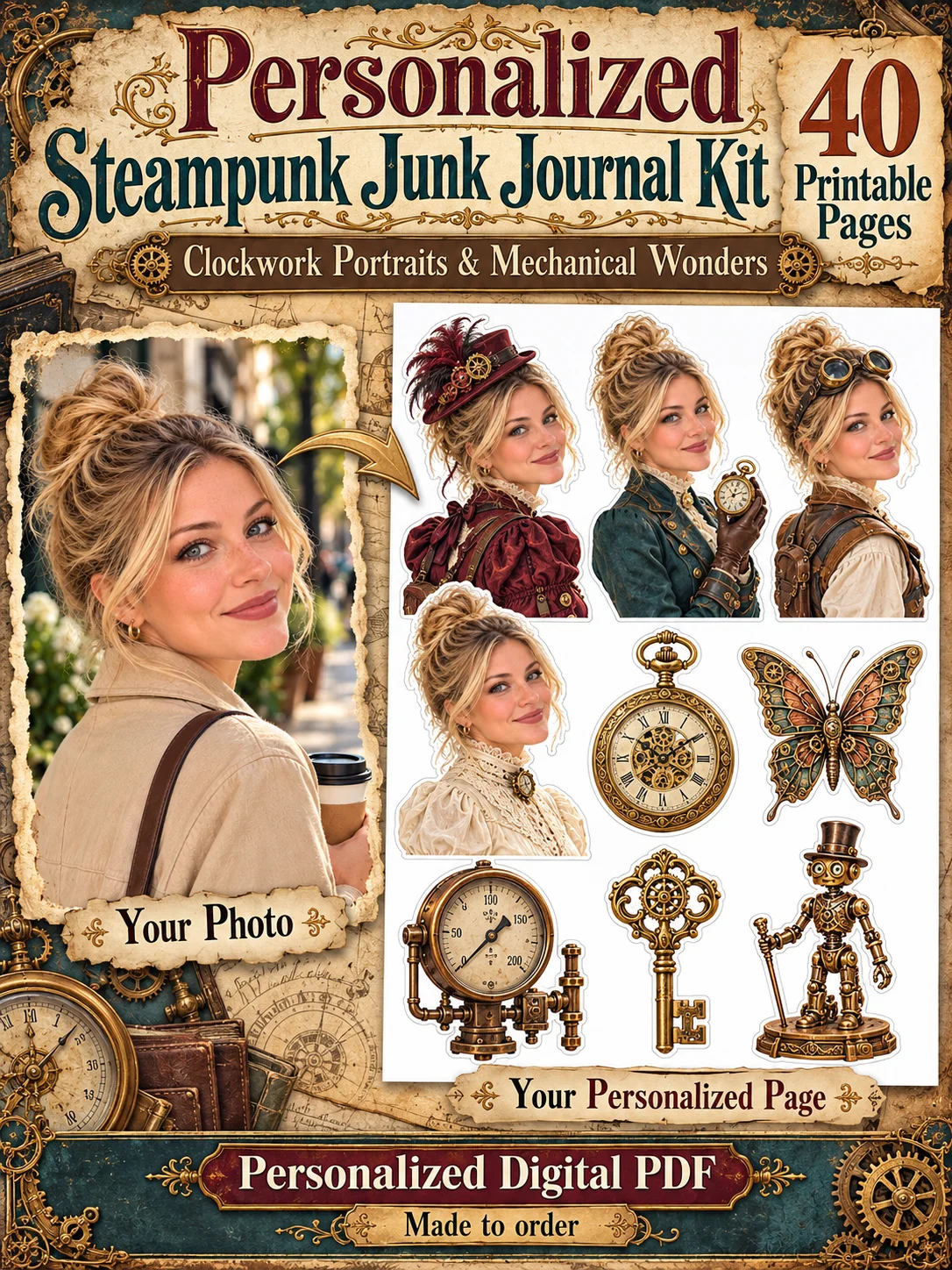 Personalized Steampunk Ephemera for Junk Journals: 40 Printable PDF Pages of Victorian Clockwork Portraits, Brass Gadgets and Mechanical Wonders for Scrapbooking and Mixed Media product image (1)