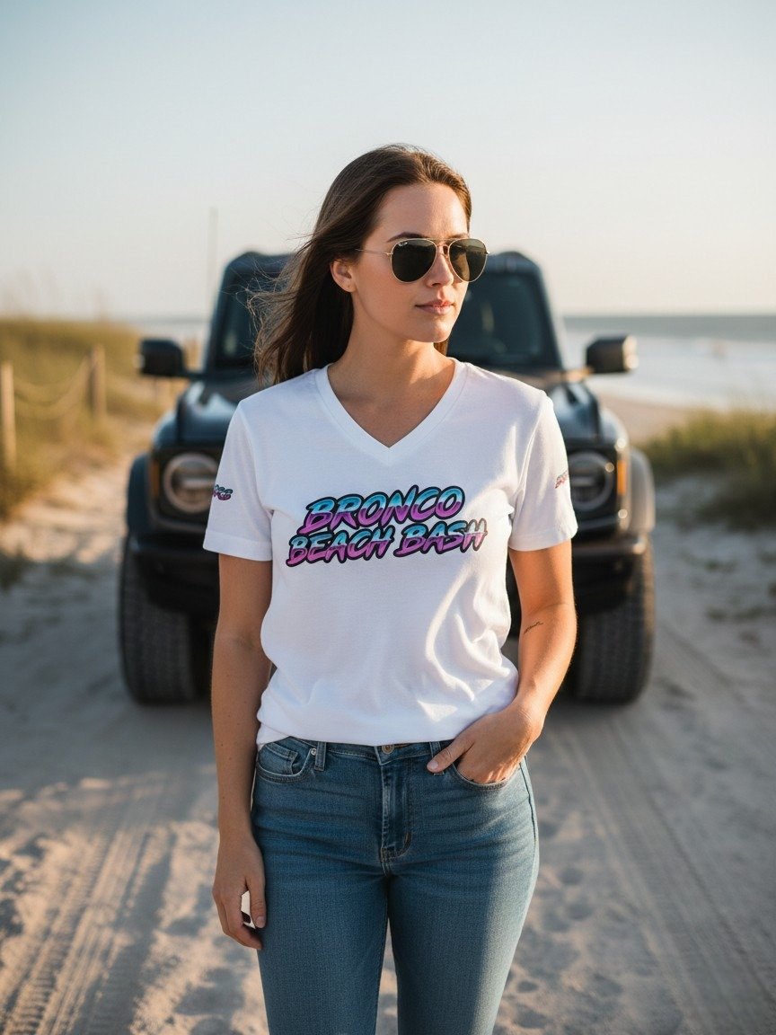 2026 Bronco Beach Bash OBX / Destination Bigfoot Bronco Collab V-Neck Bella+Canvas Supersoft T-Shirt (Multiple Colors Available) product image (1)