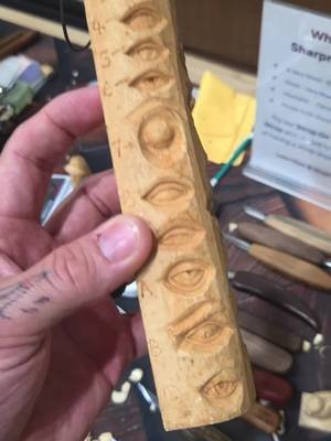Another version of the Harold Enlow Eye study stick that someone showed me at the Charlotte show last weekend.  Forgot to share it.  I find these things immensely interesting. #woodcarving #woodcarver #whittling #sculpture #art 