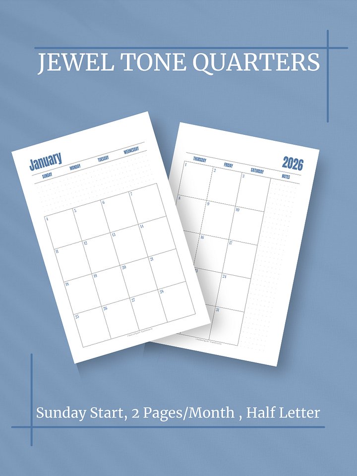 Jewel Tone Quarters 2026 Calendar - 2 Pages per Month, Sunday Start, Half Letter Size product image (1)