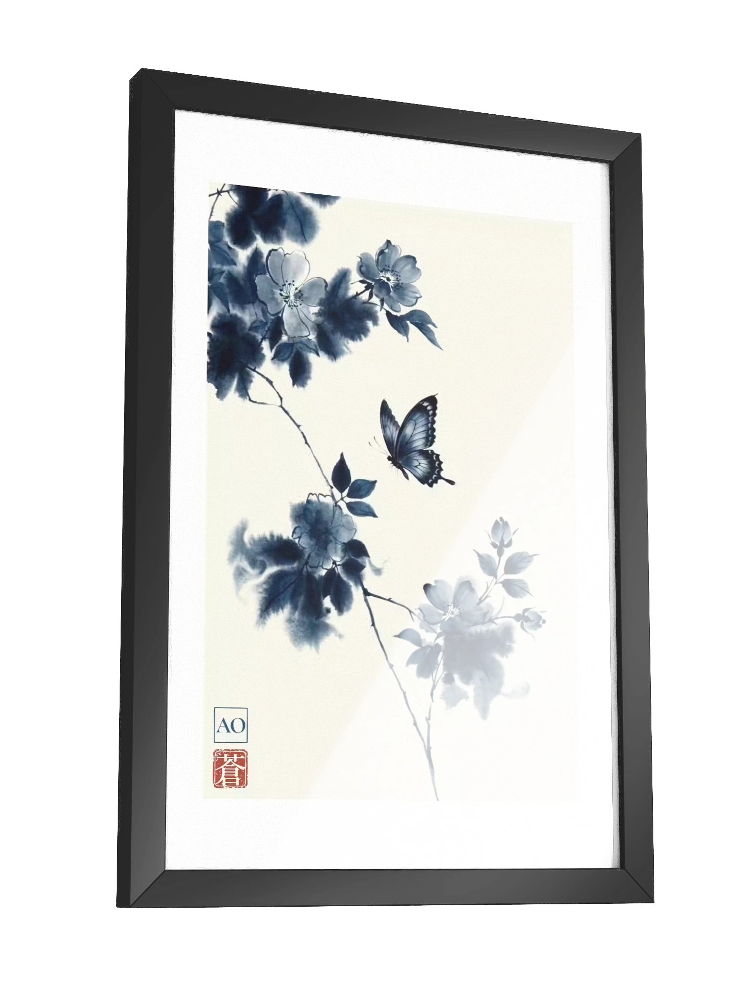 Japanese Ink Art Print | Indigo Butterfly No.04 | Framed Wall Art - AO Japan Blue product image (3)