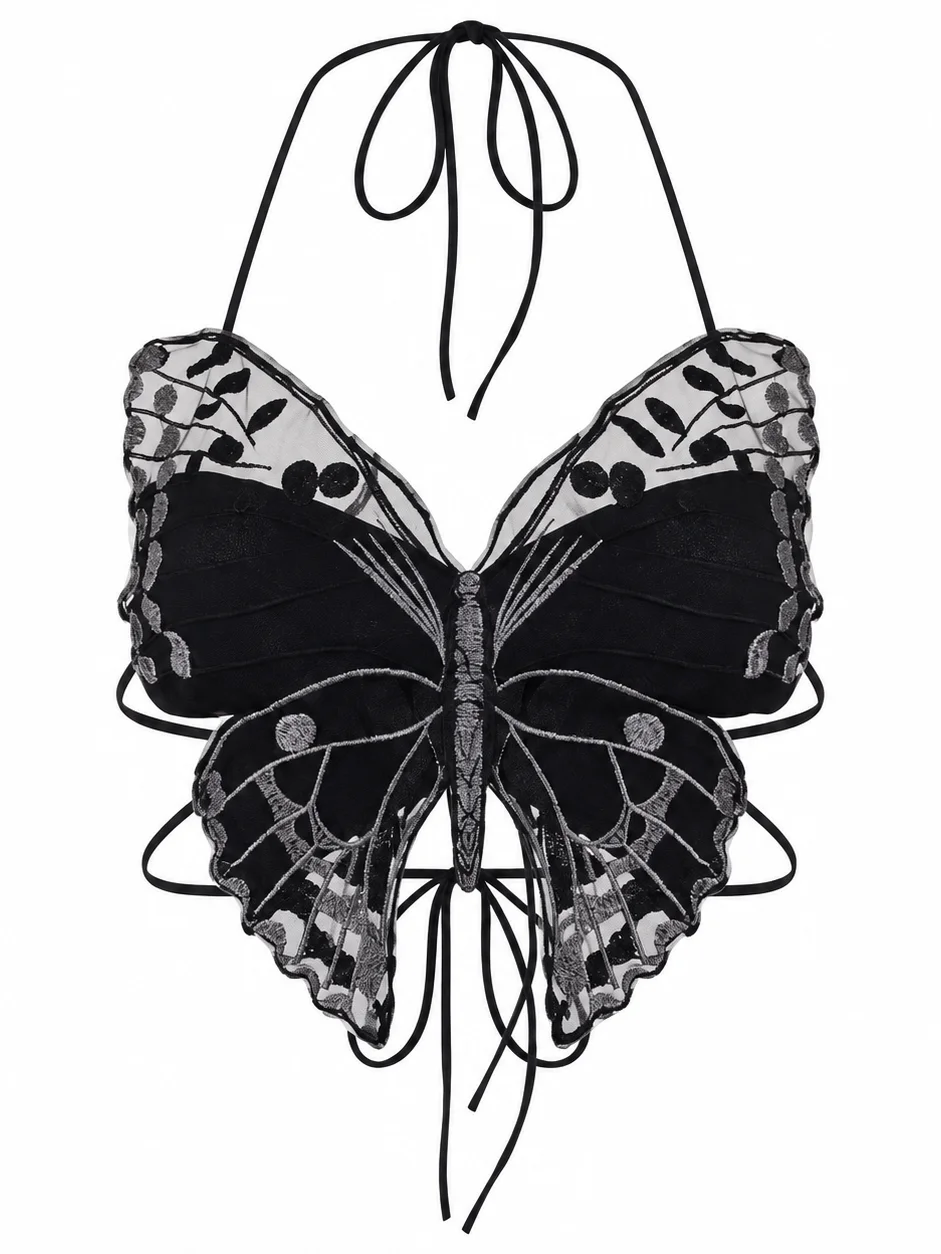 Gothic Butterfly Embroidered Halter Crop Top – Backless Self-Tie product image (4)
