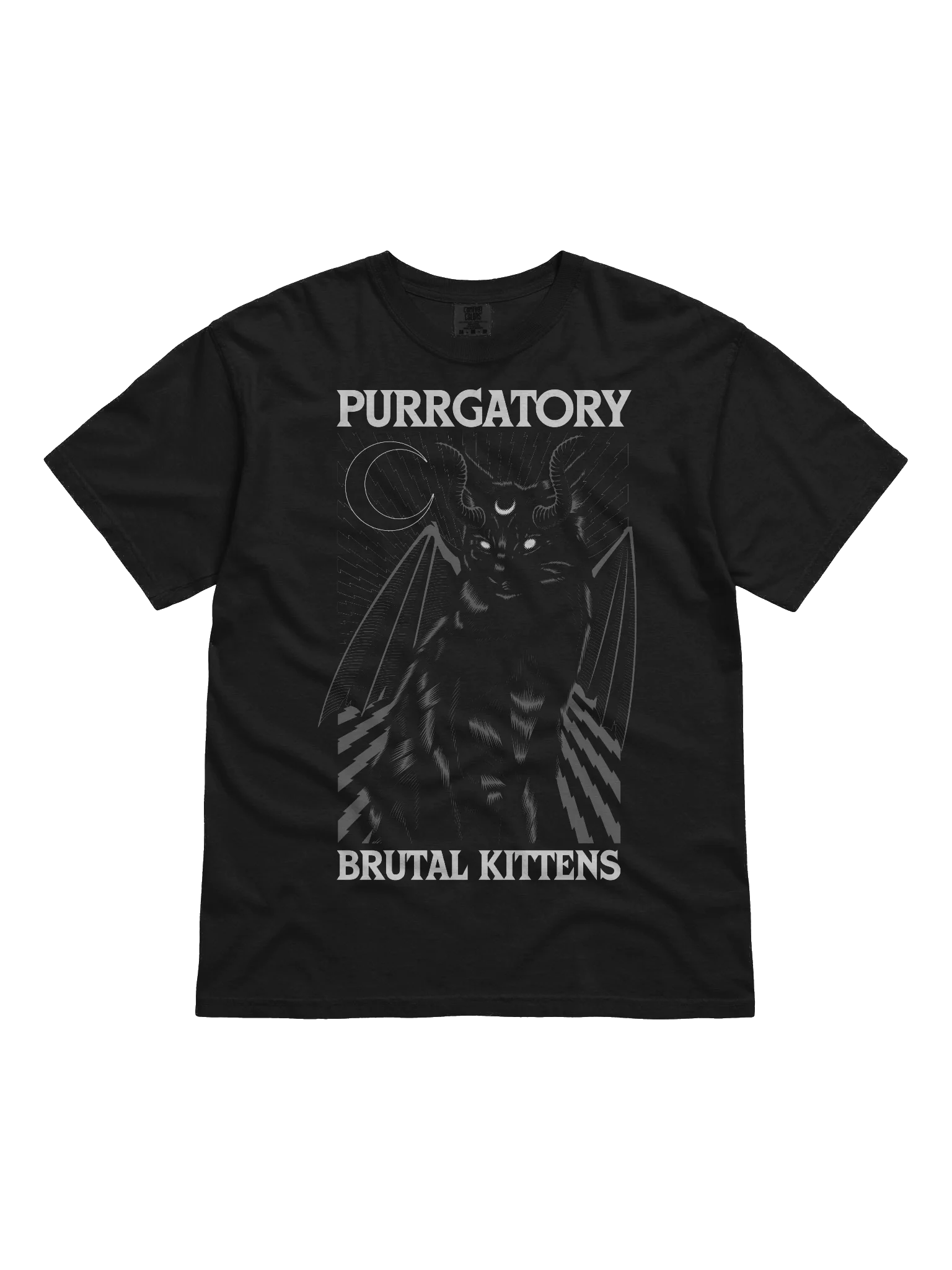 Purrgatory Brutal Kittens t-shirt showing a horned bat-winged cat in fine engraved linework with eyes closed - a gothic cat art gift for cat lovers