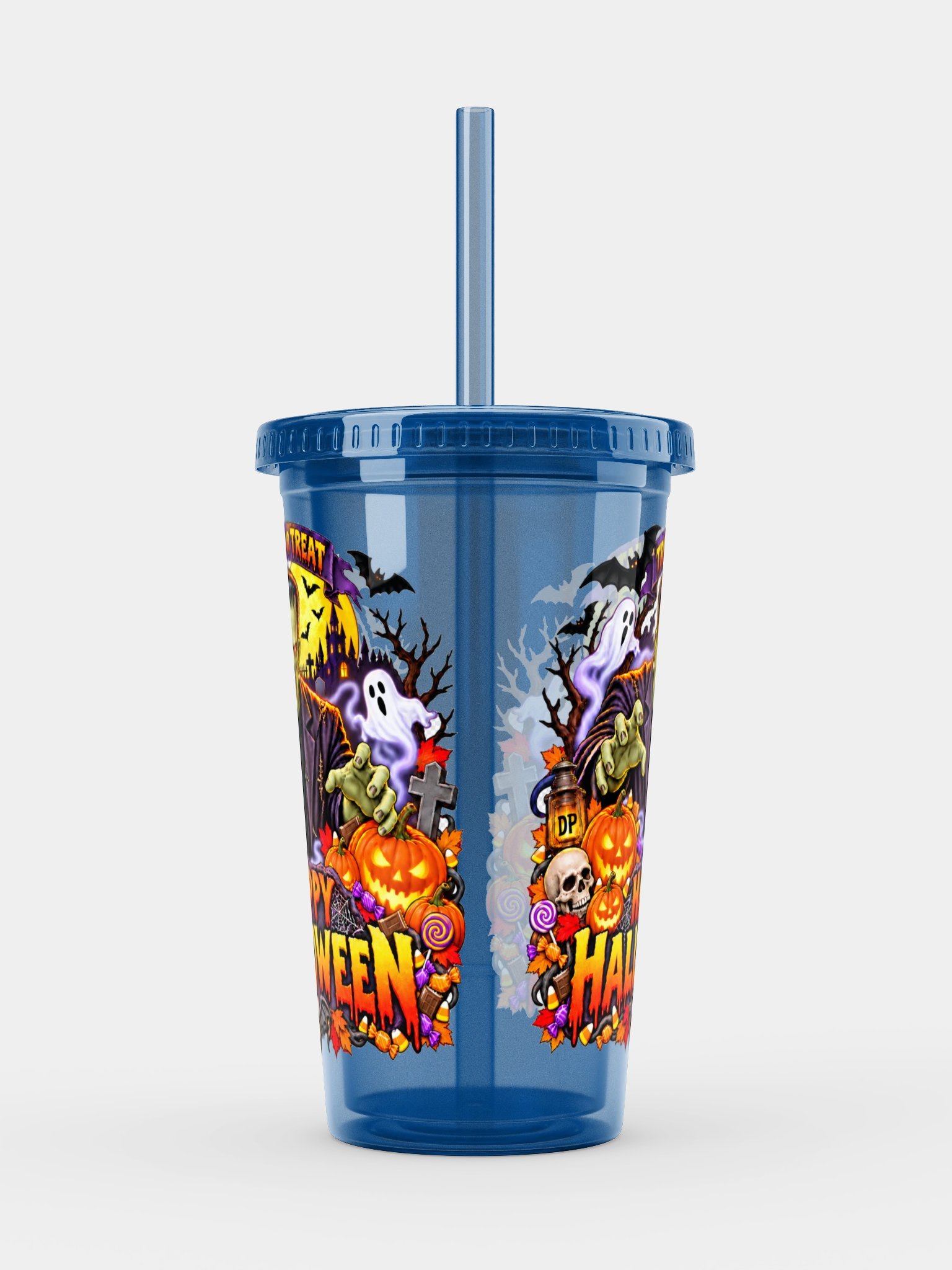 Frankenstein Happy Halloween Double Wall Clear Plastic Tumbler product image (1)