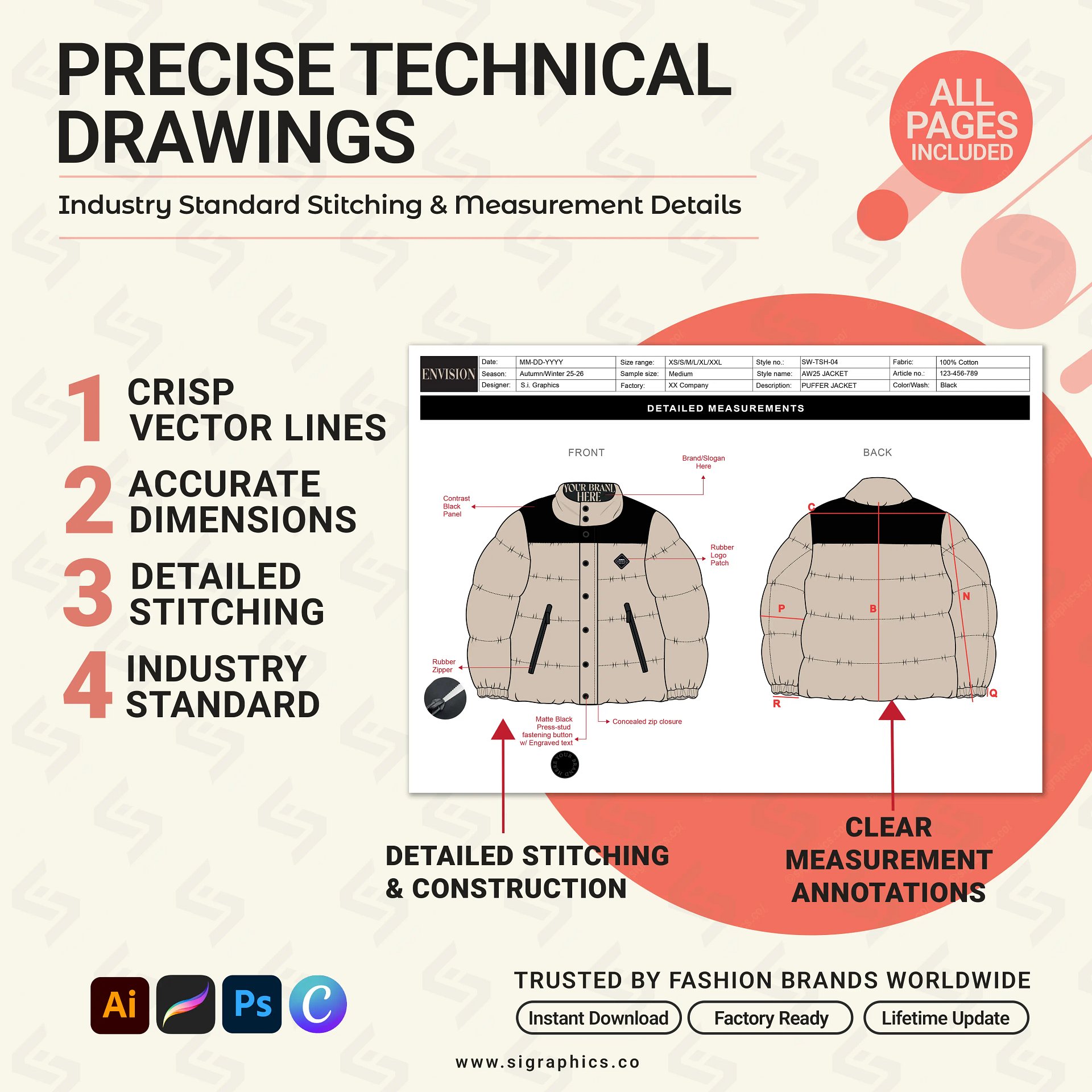 Puffer Down Jacket Tech Pack Template product image (5)