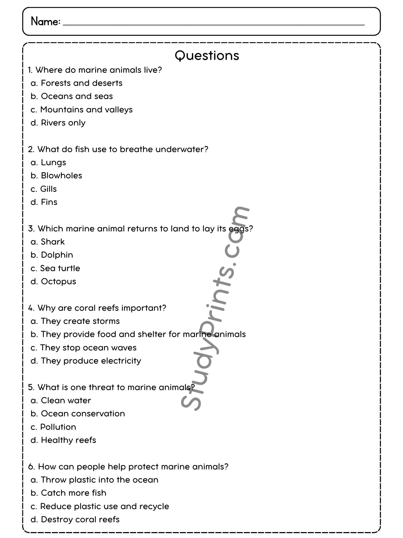 marine animals Reading Comprehension Passage and Questions | Printable PDF product image (3)