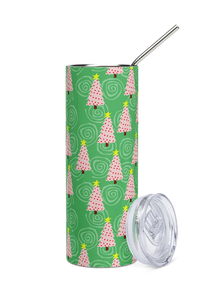 Pink Christmas Trees on Green Spirals Stainless Steel Tumbler with Straw product image (1)