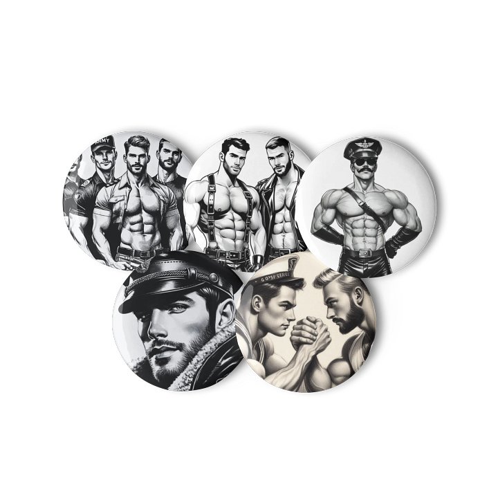 Heritage Gay Leather 5 Button Pin Set – Tom of Finland Tribute Gay Pride Graphic Design Button Pins product image (2)