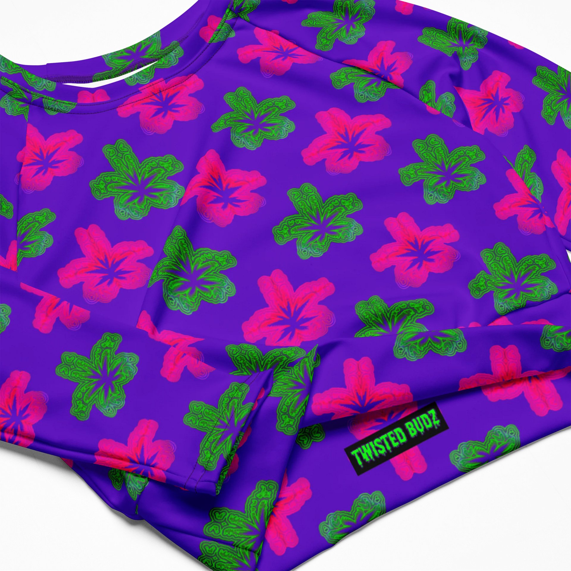 Cannabis 420 Flower Recycled Long-Sleeve Crop Top, Stoner Summer Weed Shirt, Neon Green Pink Purple Pot Leaf Reefer Raver Festival Fashion product image (2)