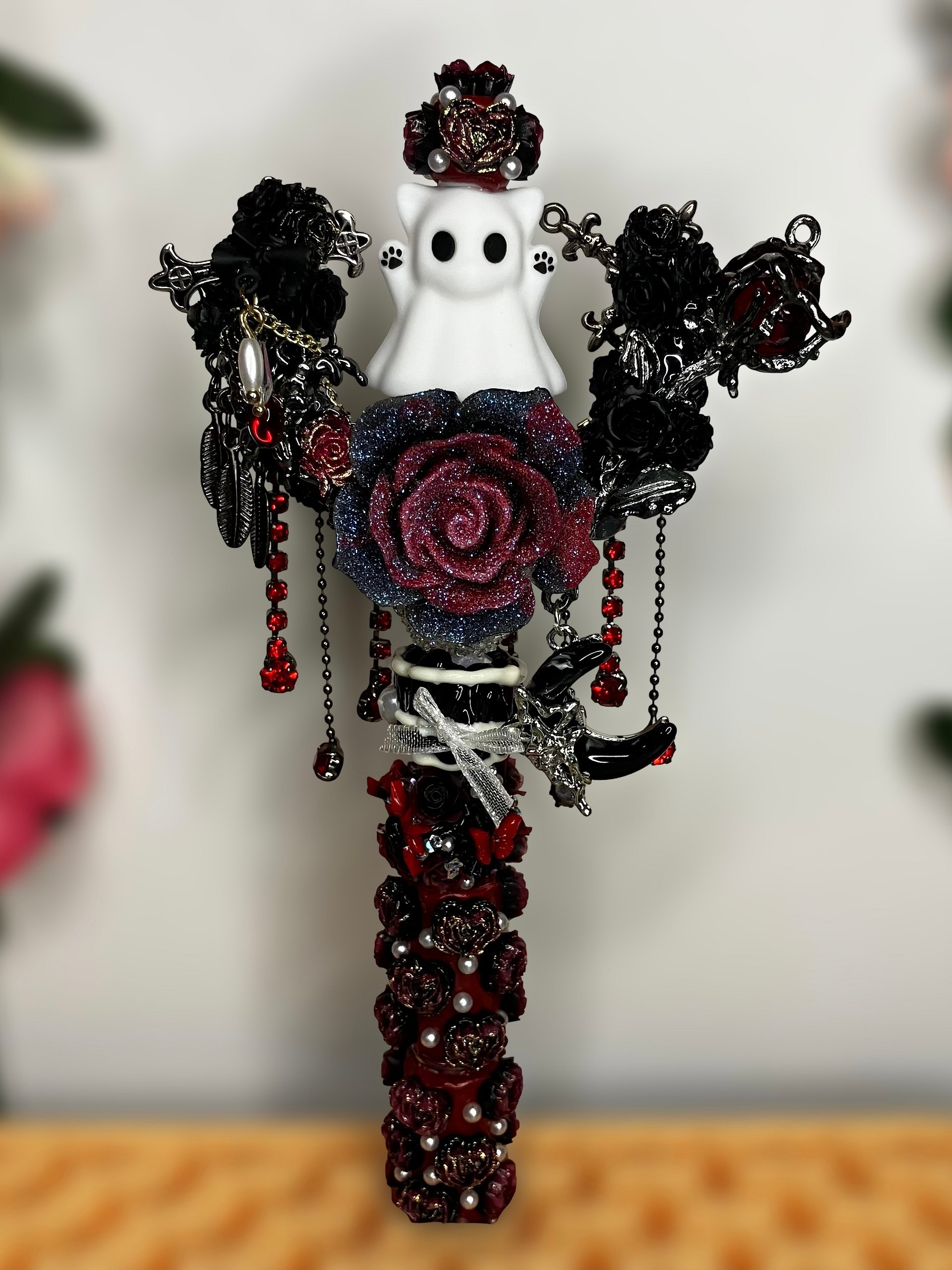 Handmade Gothic Ghost Cat Beaded Pen - Spooky Maximalist Ballpoint with Rhinestones and Charms product image (1)