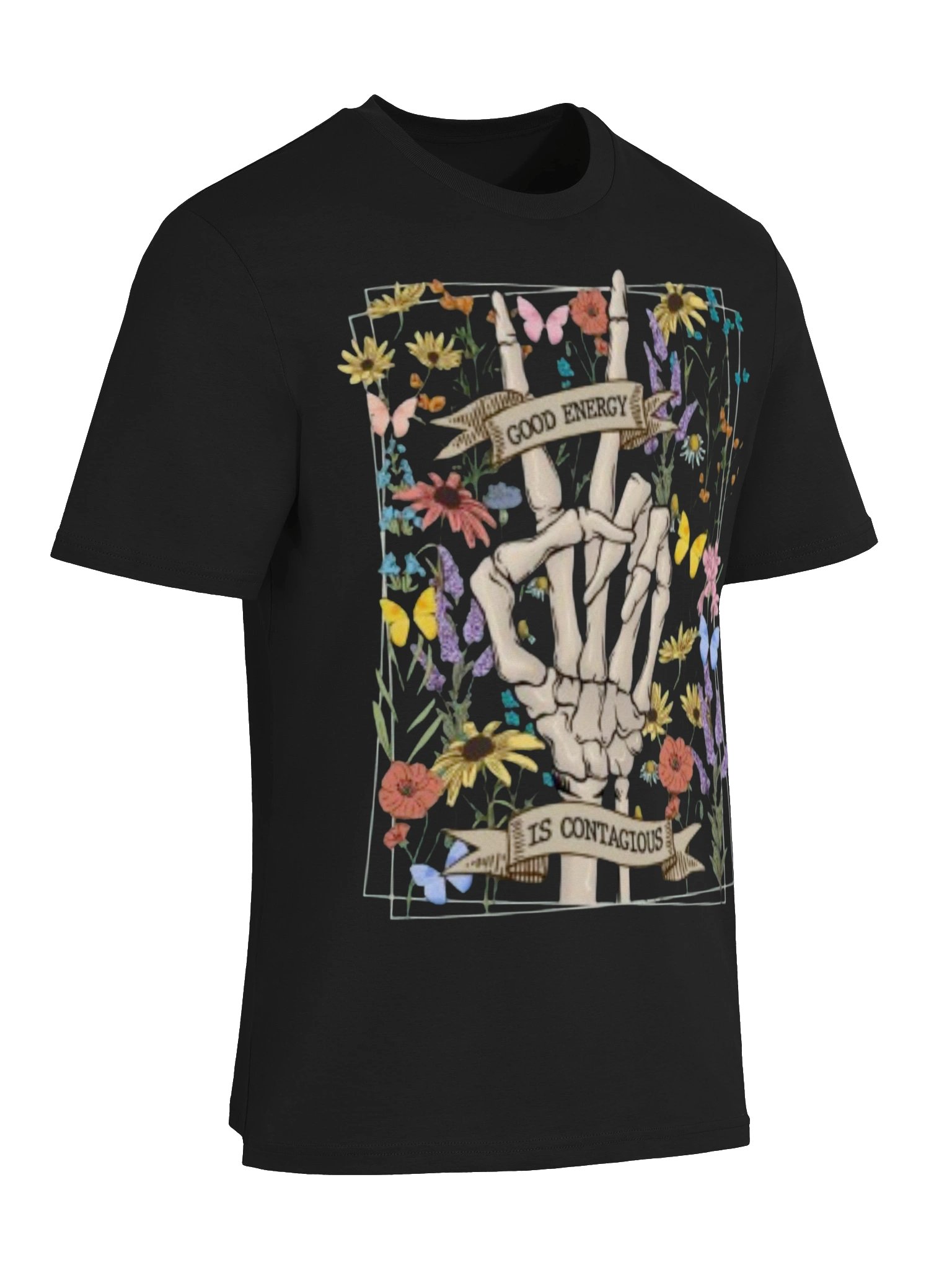 Good Energy Is Contagious T-Shirt – Skeleton Peace Sign Floral Tee | Positive Vibes product image (6)