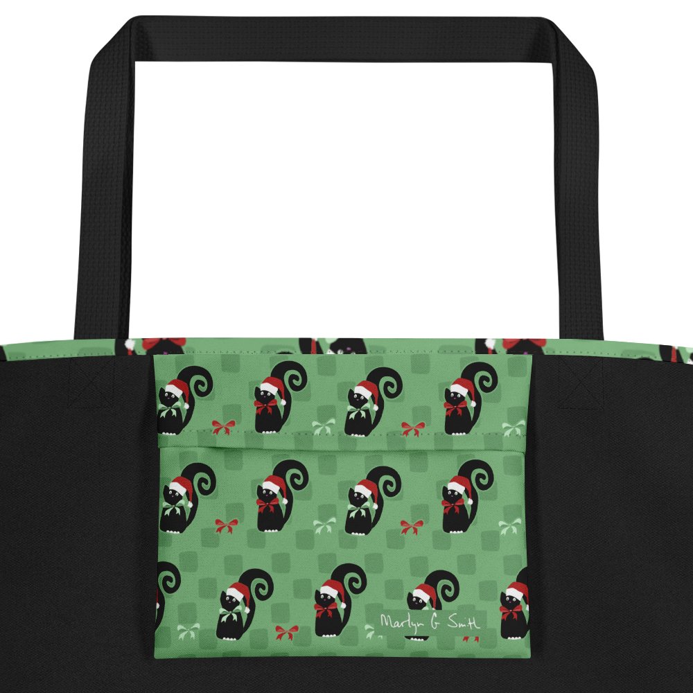 Black Christmas Kitties On Mint Green Checkerboard – Large Tote Bag product image (2)