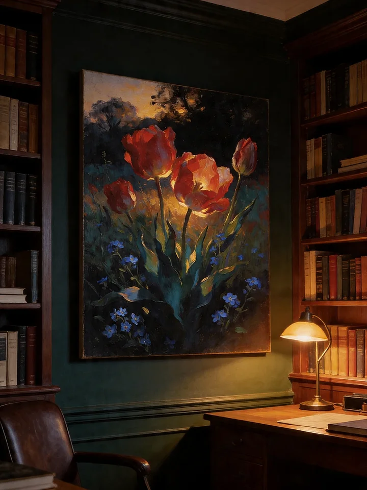 Red Tulips at Dusk | Dark Botanical Oil Painting Print | Moody Floral Canvas Art | Forget Me Not | Dutch Master Style Wall Decor product image (2)