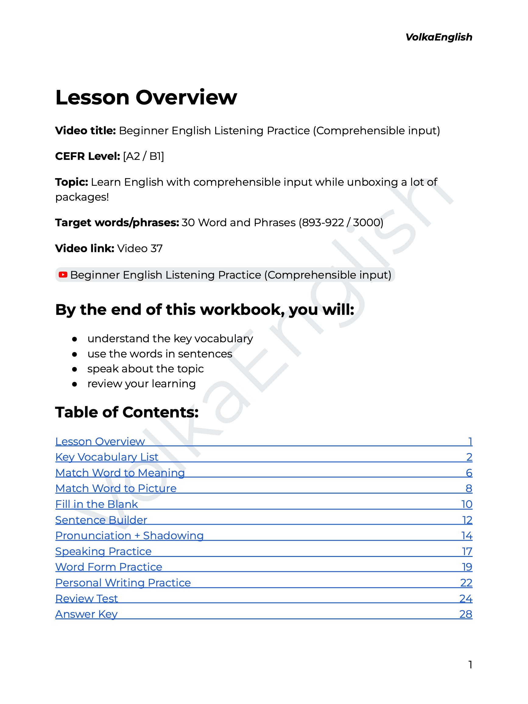 Beginner English Listening Practice (Comprehensible input) - Video 37 Study Pack product image (2)