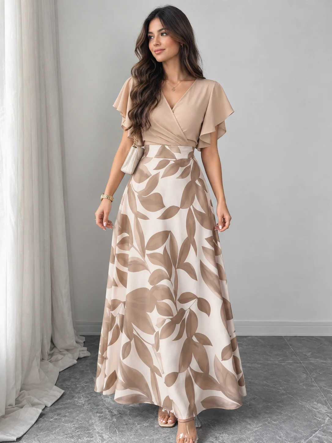 Elenzga Women's Elegant Maturity Black Leaf Pattern Ruched Cap Sleeve Fitted Fla Dress, Autumn And Winter And The Four Seasons Garden Party Brunch product image (9)