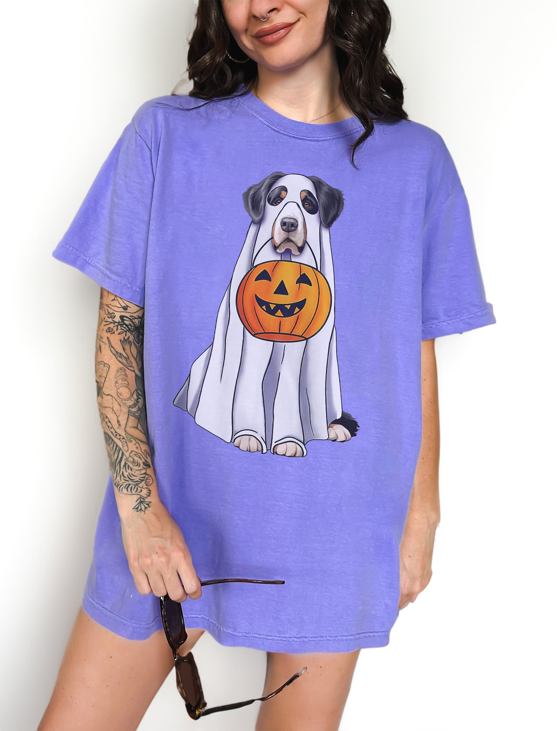 Bernese Mountain Dog Halloween Tee | Funny Halloween Berner Wearing a Ghost Costume with Pumpkin Basket product image (2)
