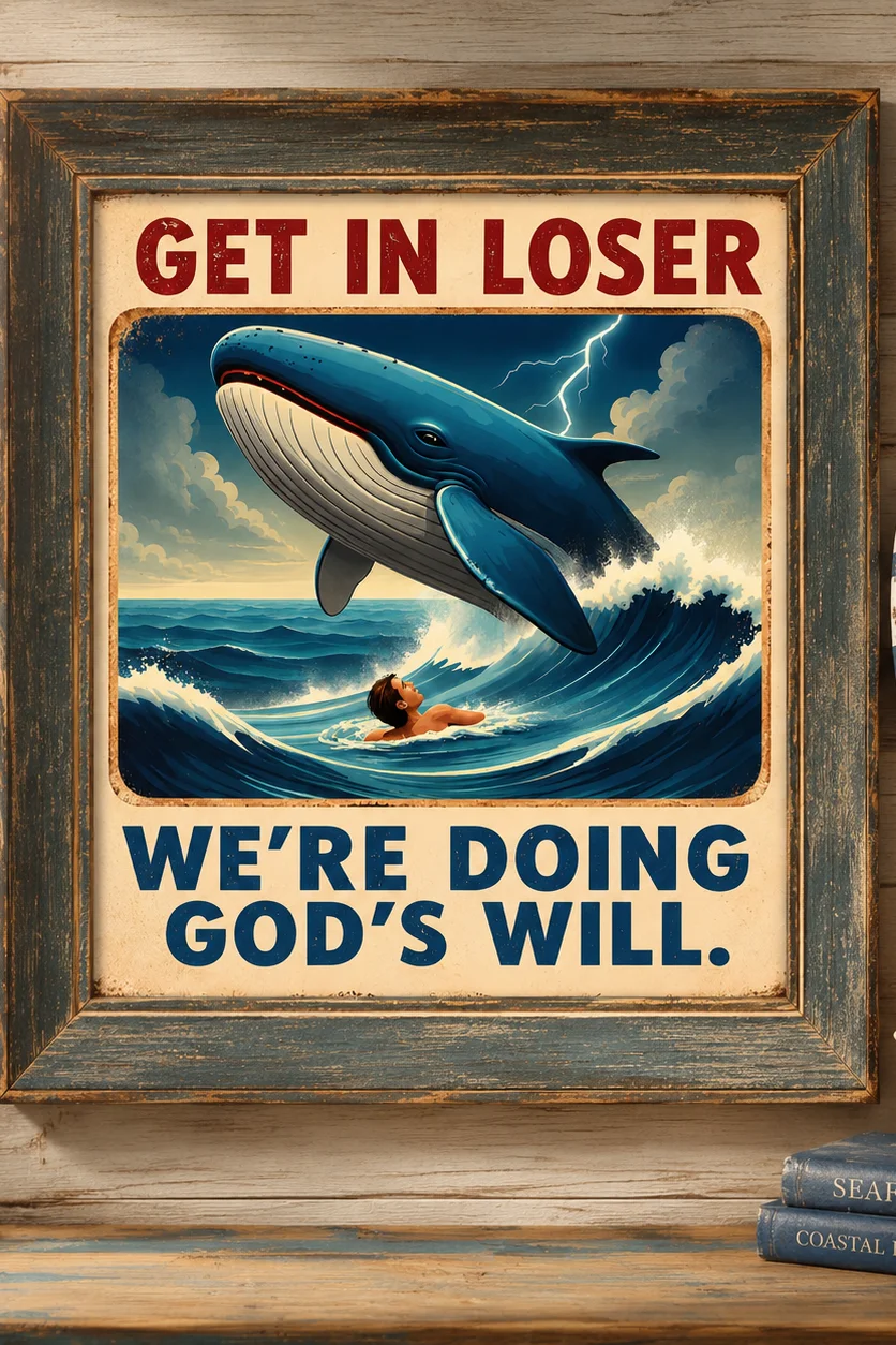 Get In Loser We're Doing God's Will Whale Poster Alt: Funny Whale Meme Vintage Retro Ocean Wall Art Print product image (1)