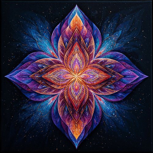 At the center of all things burns a sacred fire. Layer upon layer of petals unfold—purple and blue bleeding into gold and cri...
