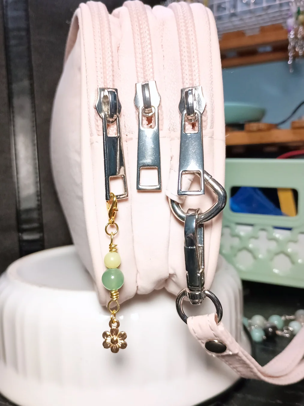 Flower Notebook Charm | Green Jade & Aventurine, Gold-Tone | Stitch Marker | Zipper Pull product image (4)