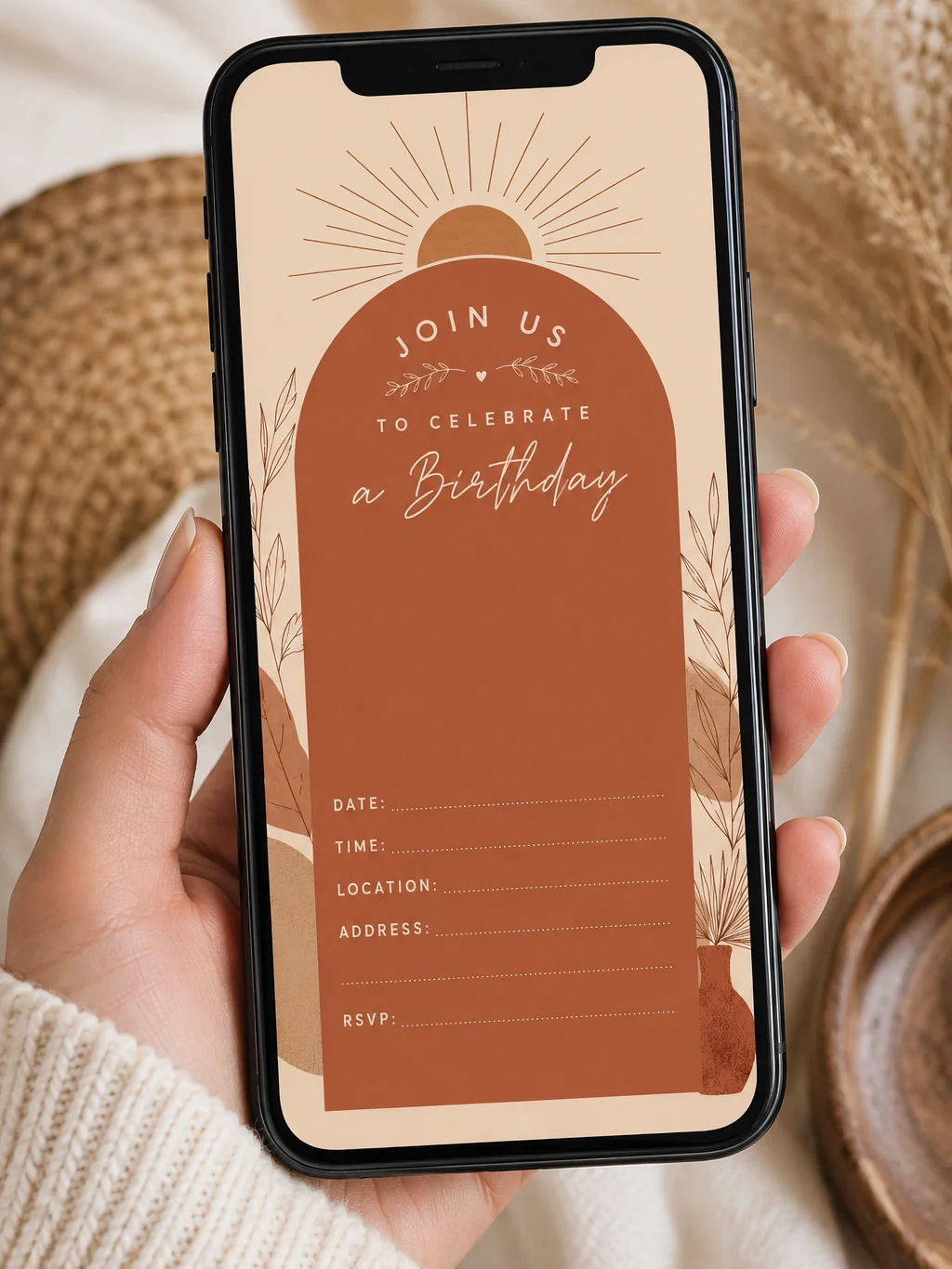 Terracotta Boho Birthday Invitation Template, Editable Canva Invite, Modern Arch Birthday Invitation, Printable Digital Download product image (2)