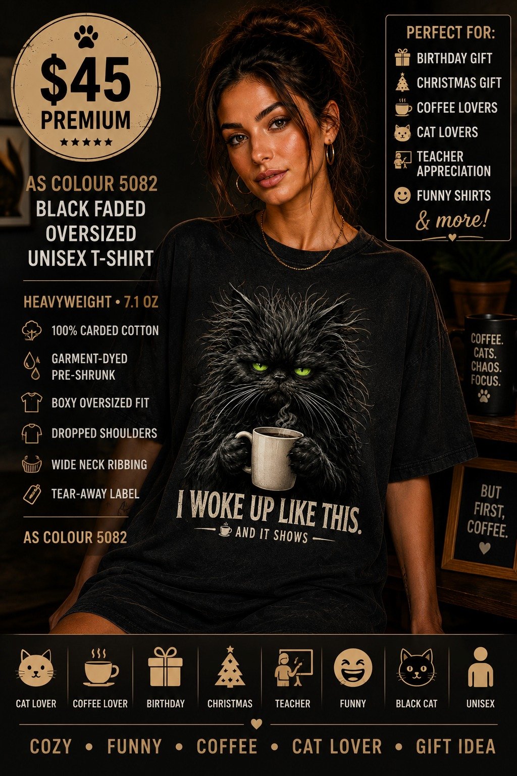 Funny Black Cat Coffee T-Shirt, I Woke Up Like This Cat Lover Oversized Graphic Tee product image (1)