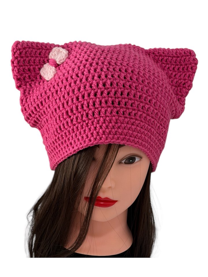 Winter Crochet Custom Cat Ear Beanie Pink with Light Pink bow - for kids 6 - 12yo product image (2)