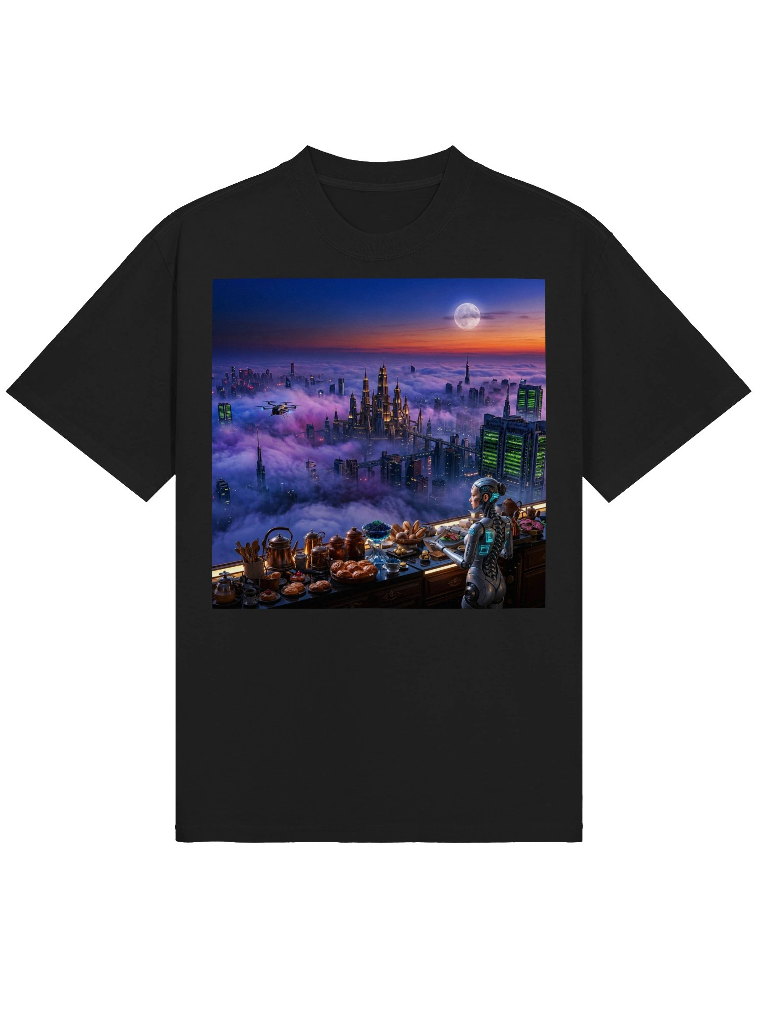 Gift for Sci-Fi Fans | Cozy Cyberpunk Robot Breakfast Oversized Faded T-Shirt | Futuristic Techwear Streetwear Gift product image (2)