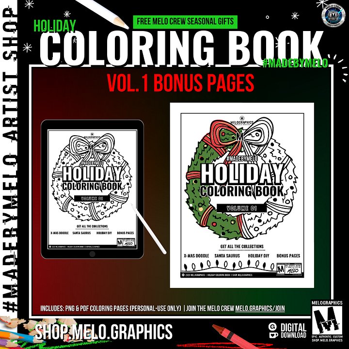 🎁 Holiday Coloring Book Vol 1: BONUS PAGES - Printable PDF | #MadeByMELO product image (1)