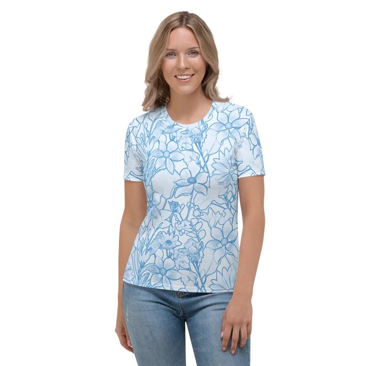 Line art Blue and White Floral/All-Over Print Women's Crew Neck T-Shirt by Sublicolor product image (2)