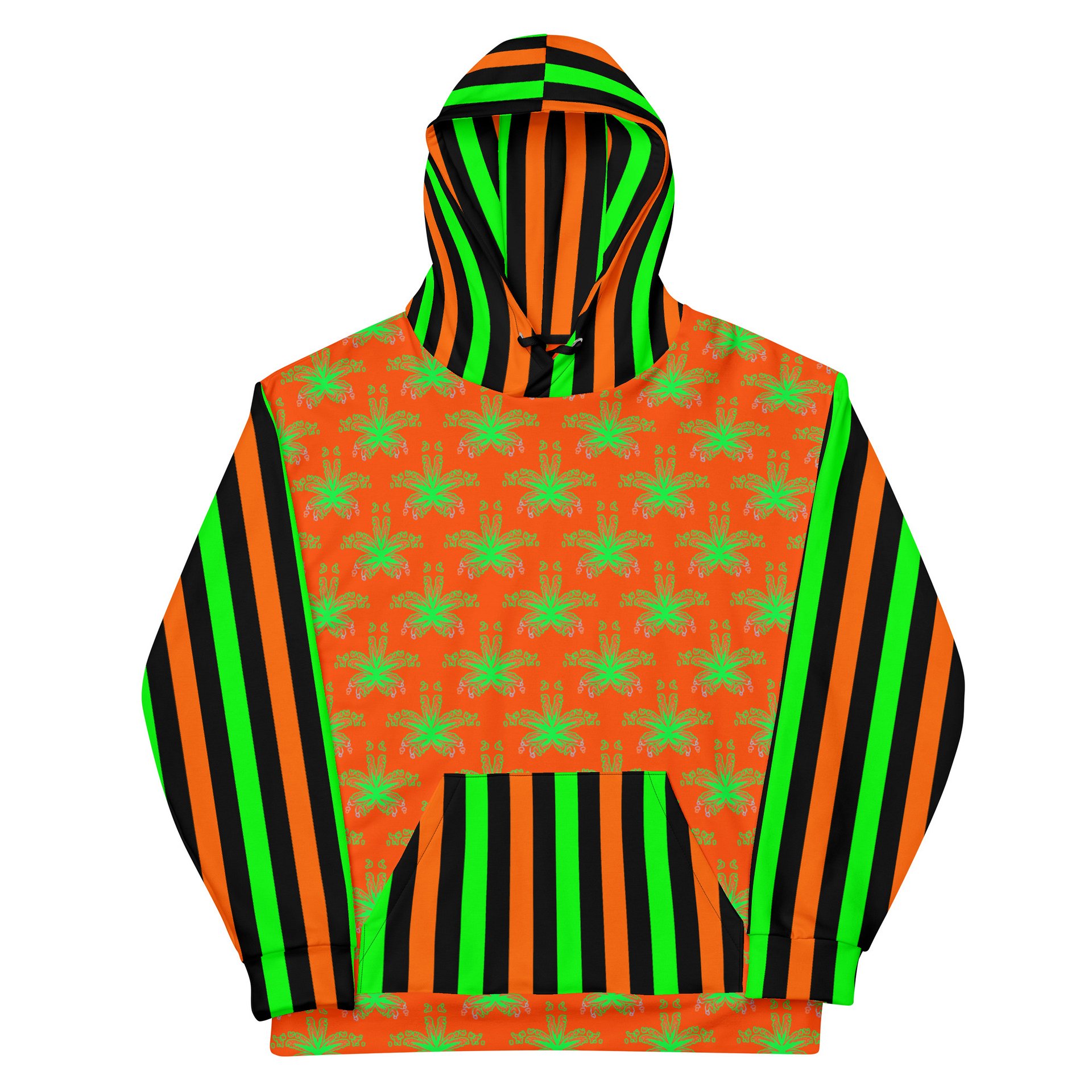 Weed Halloween Hoodie, Cannabis Circus Stripe Clowncore Clothing, Pot Leaf 420 Fall Festival Fashion, Black Orange Neon Green Stoner Clothes product image (7)