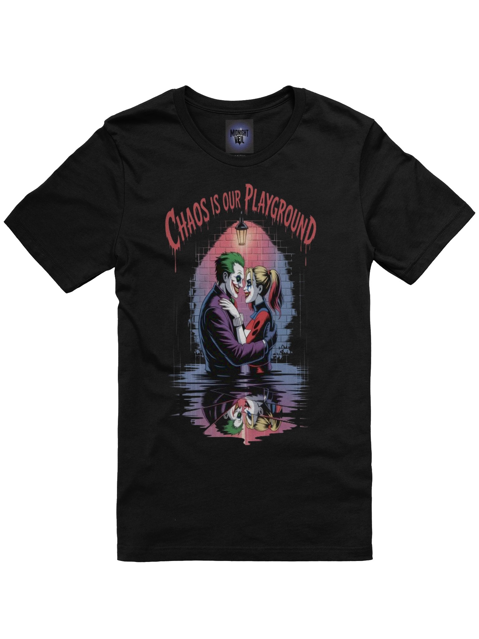 Chaos is Our Playground: Joker & Harley Quinn's Sinister Embrace Graphic Tee product image (3)