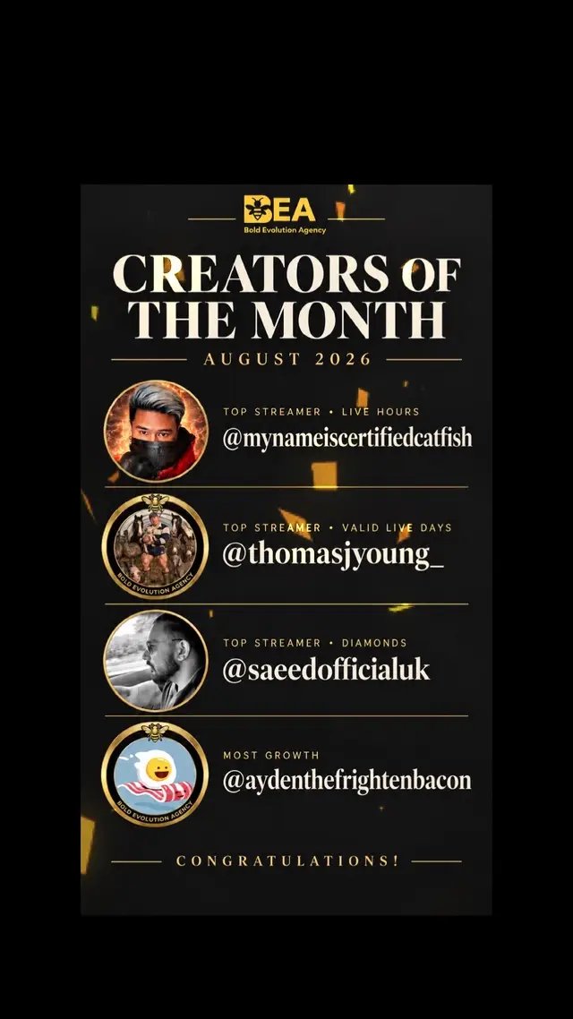 @⭕️Certified C🔺tfish🟥💎 @SAEED JATT @THOMAS J YOUNG 👨‍🌾 @Ayden   There isn’t only one way to grow. Show up consistently. Put in the time. Push past your last result. Keep learning. These creators proved that progress looks different for everyone—but it always starts with effort. 🐝🏆 Congratulations to our August Creators of the Month. Who’s claiming a spot next month? #BoldEvolutionAgency #TikTokLIVE #CreatorGrowth